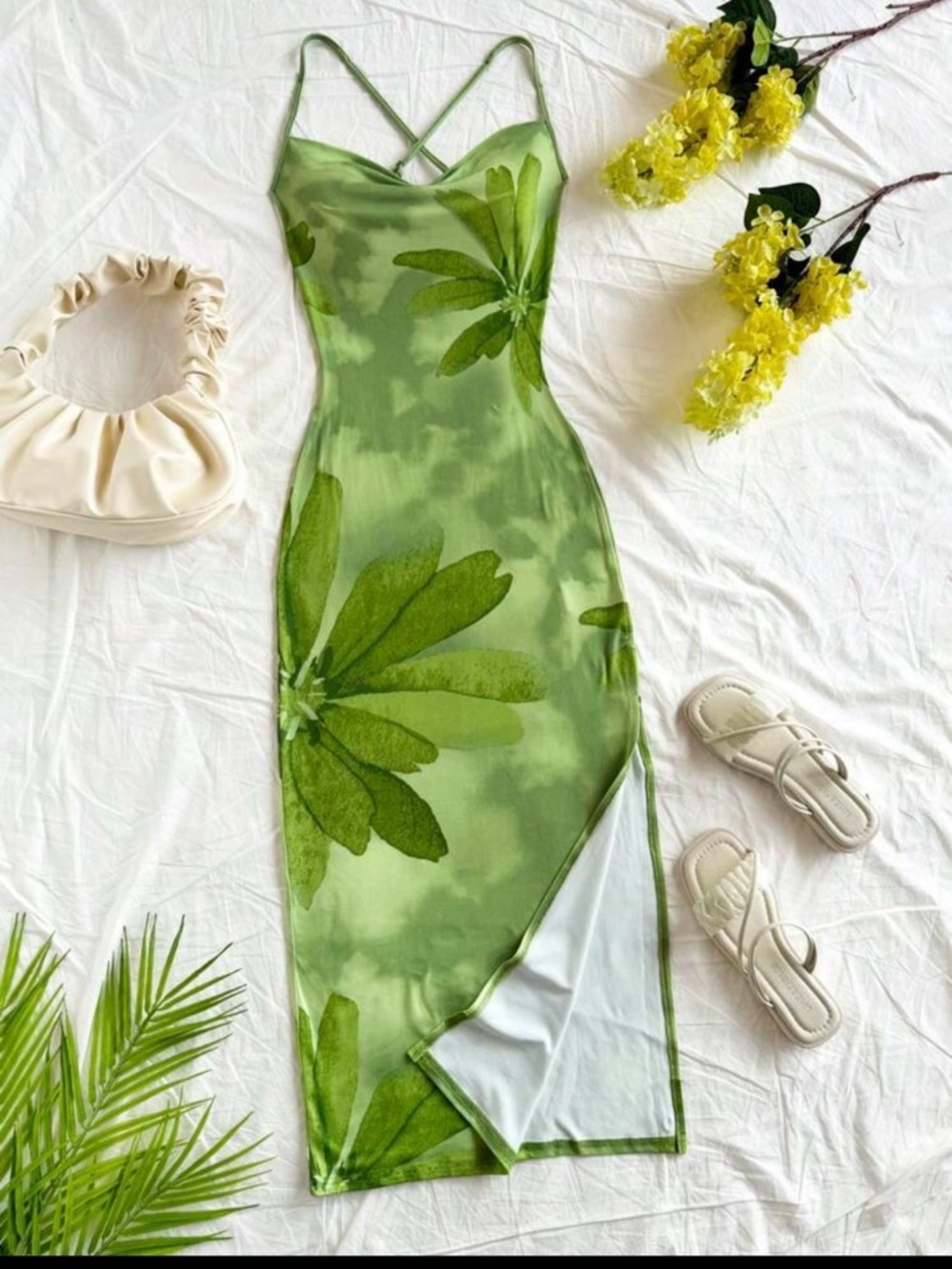 Green Floral Slip Maxi Dress with Side Slit